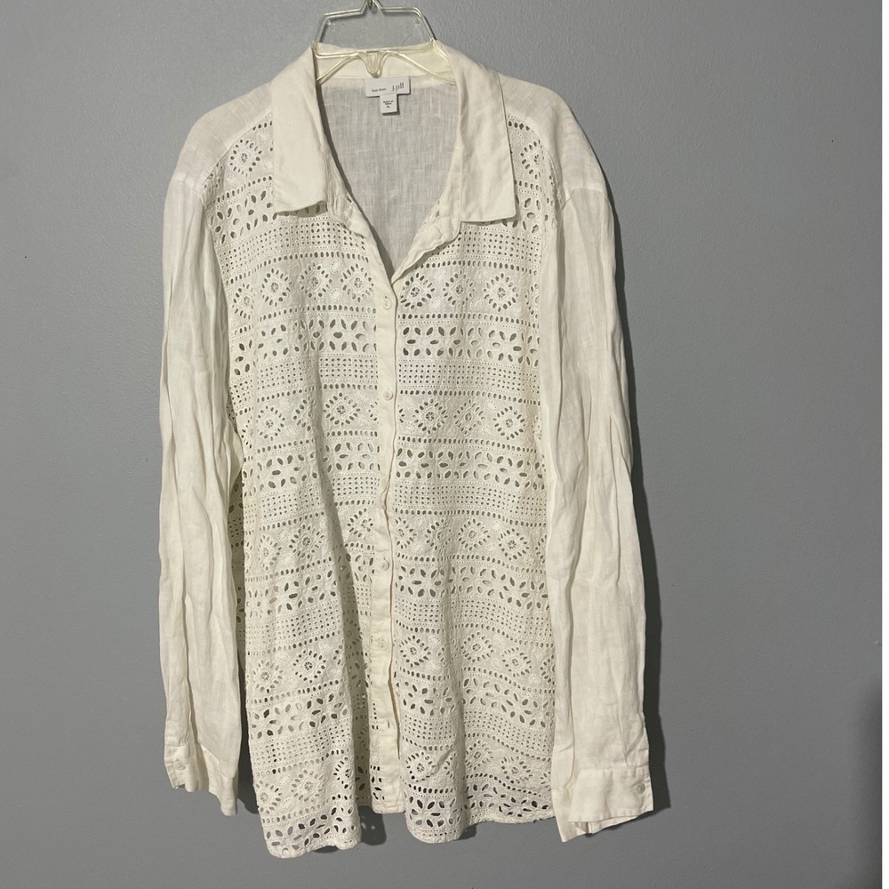 J. Jill Love Linen White Eyelet Lace Button Down Shirt Womens XL Boho Lagenlook